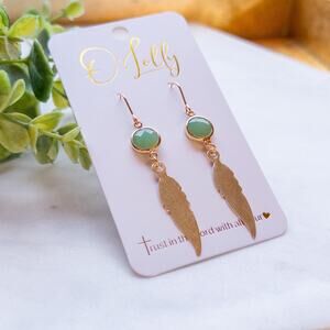 O’Lolly Green Circle Connector with Gold Plated Leaf Shaped Earrings 1.75 In
